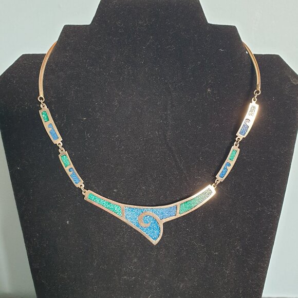 Vintage Mexican Southwestern Malachite & Turquoise Inlay Sterling Necklace - Picture 8 of 11